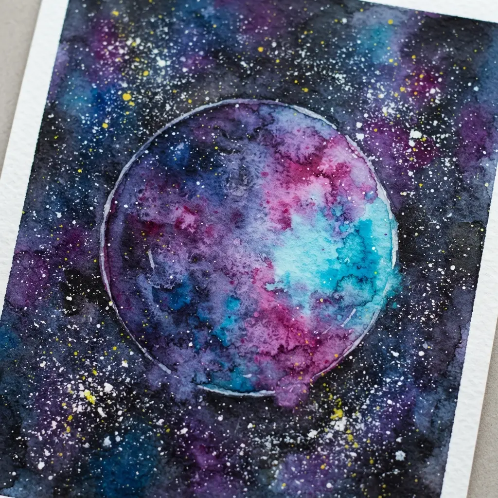 A simple circle planet with a watercolor wash, surrounded by a splatter of white and yellow paint to represent stars and space dust.