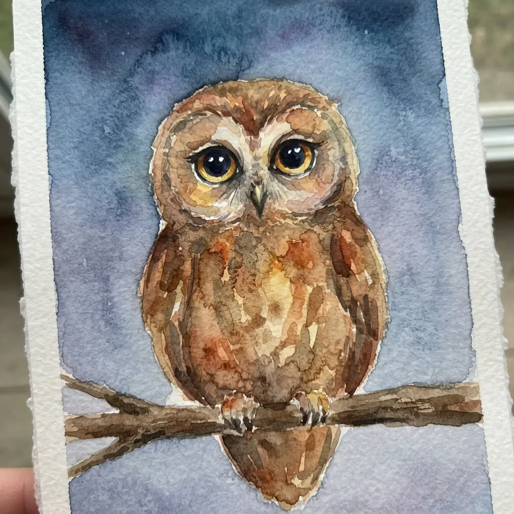 A whimsical owl with big, round eyes painted with watercolor, perched on a simple brown branch against a night sky.