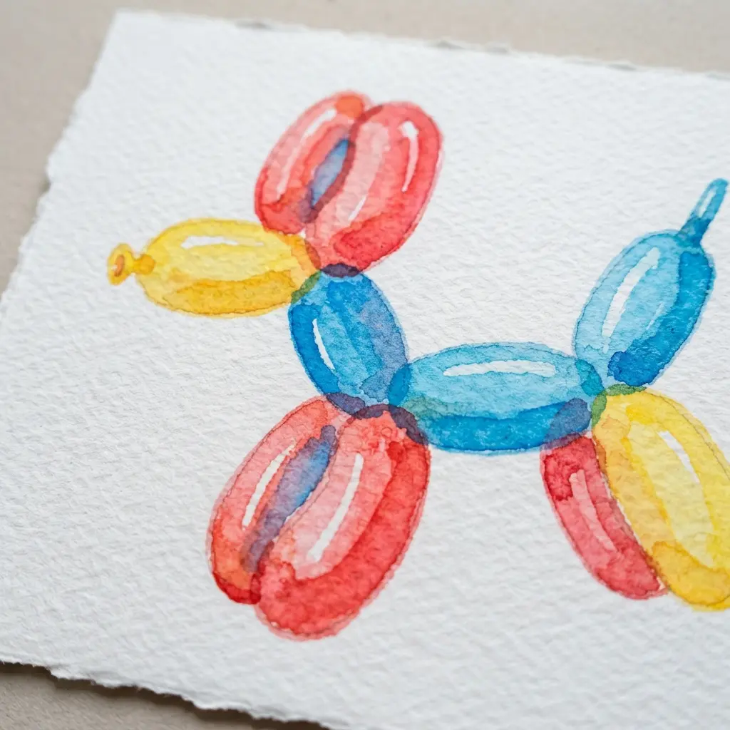 A fun, simple watercolor dog painted with bright, segmented colors to mimic the look of a twisted balloon animal.