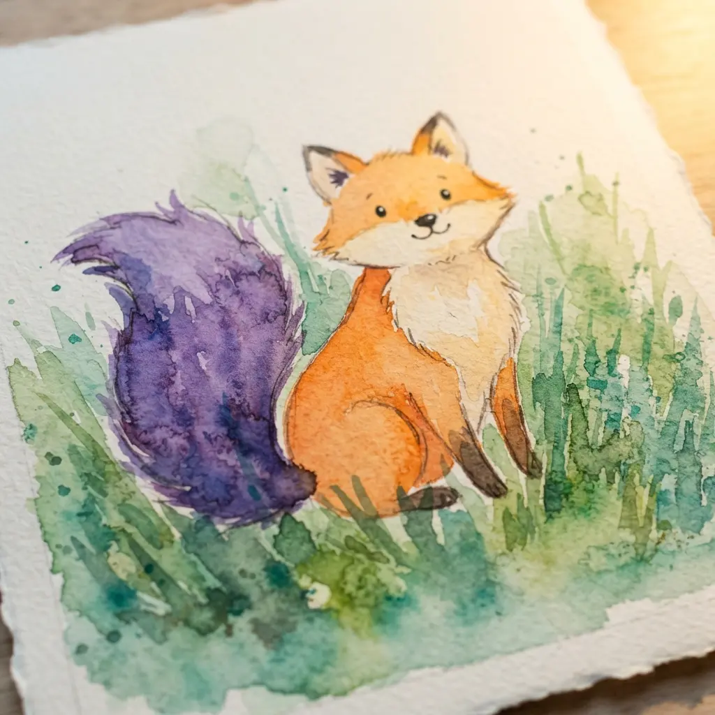 A cartoon fox with simple orange watercolor washes and a large, fluffy purple tail, sitting in a grassy field.