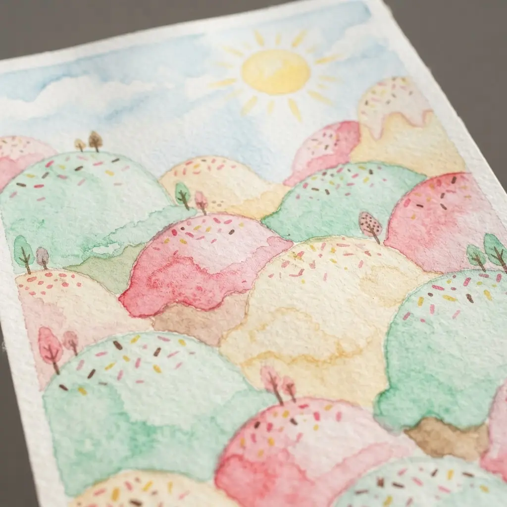 Rolling hills painted with soft watercolor washes to resemble pastel ice cream scoops under a cheerful sun.