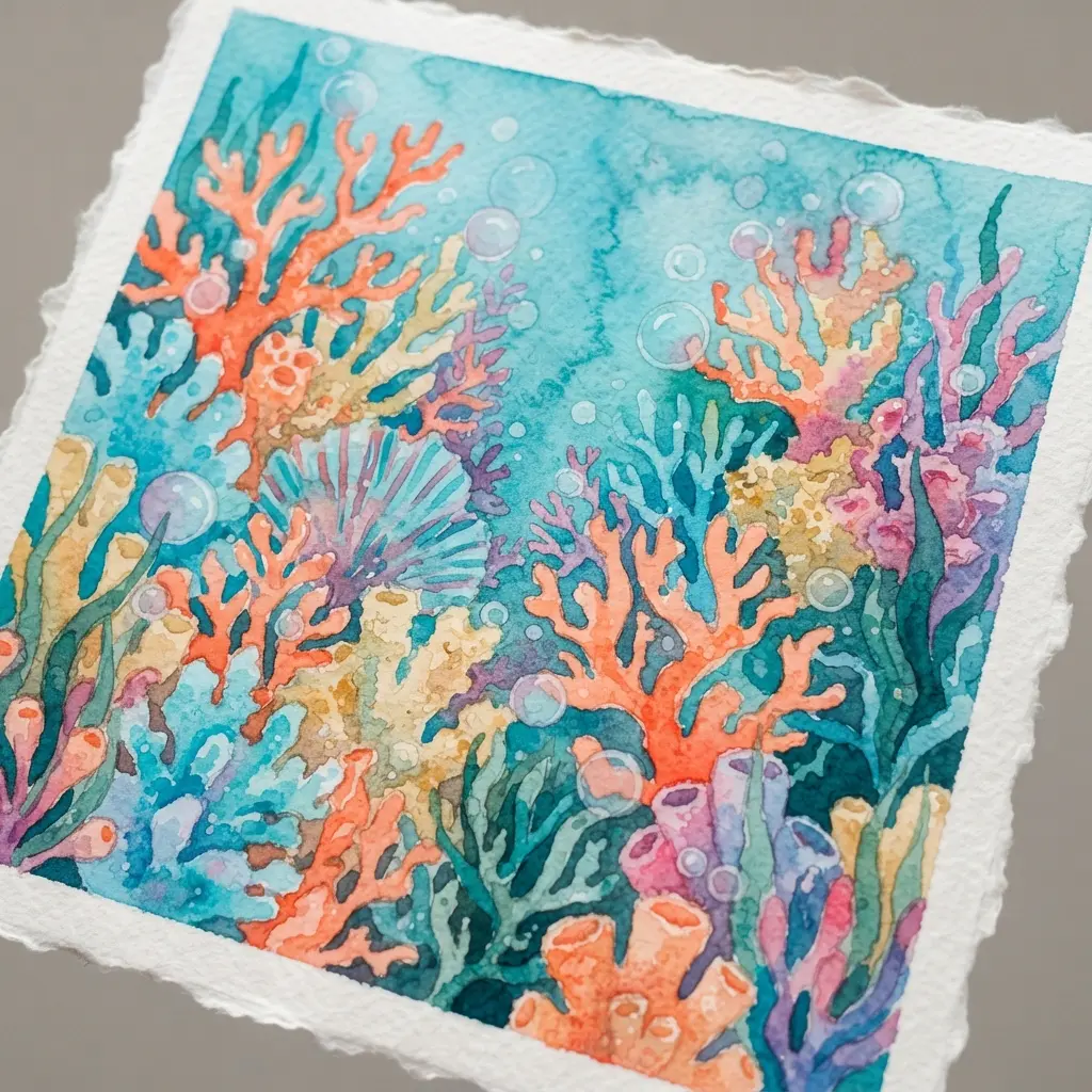 A simple watercolor painting of a coral garden with floating, translucent bubbles and bright, textured seaweed.