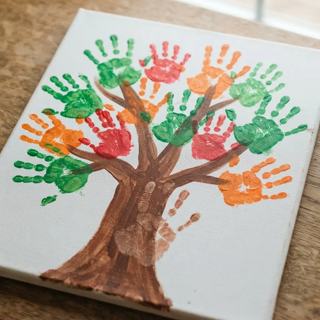 A child's handprint forms a colorful leaf on a painted tree canvas, a perfect family day craft for kids.