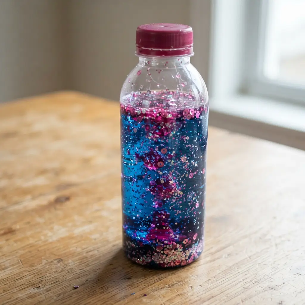 A calming sensory bottle mimics a lava lamp with swirling glitter and colored water, a fascinating family day craft for kids.