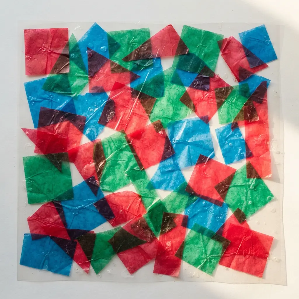 A suncatcher made from layered tissue paper creates a stained glass effect when held to the light.