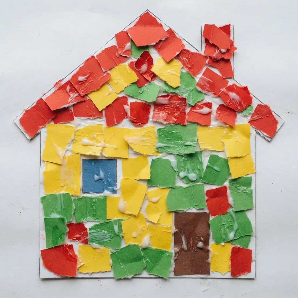 A child glues small squares of colored paper to fill a large shape on a background.