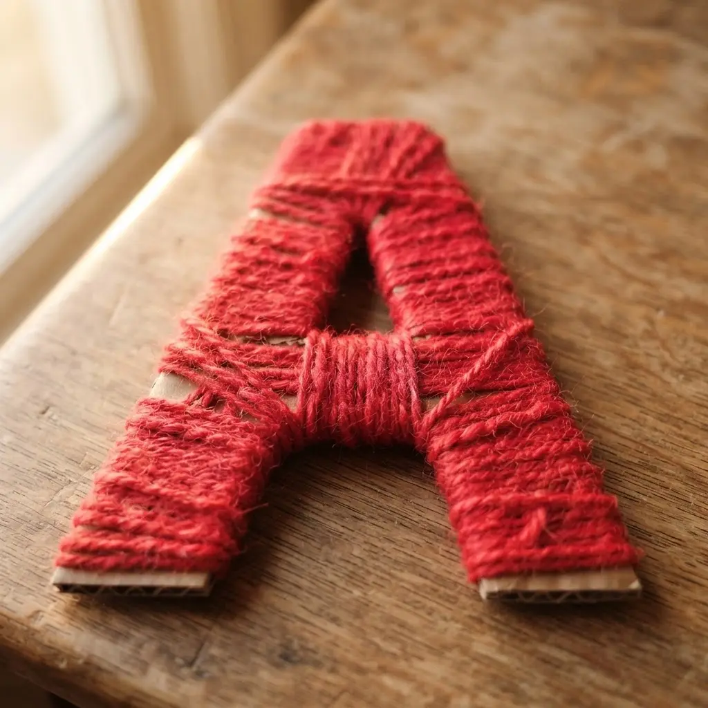 A child practices fine motor skills by wrapping colorful yarn around a cardboard letter shape.