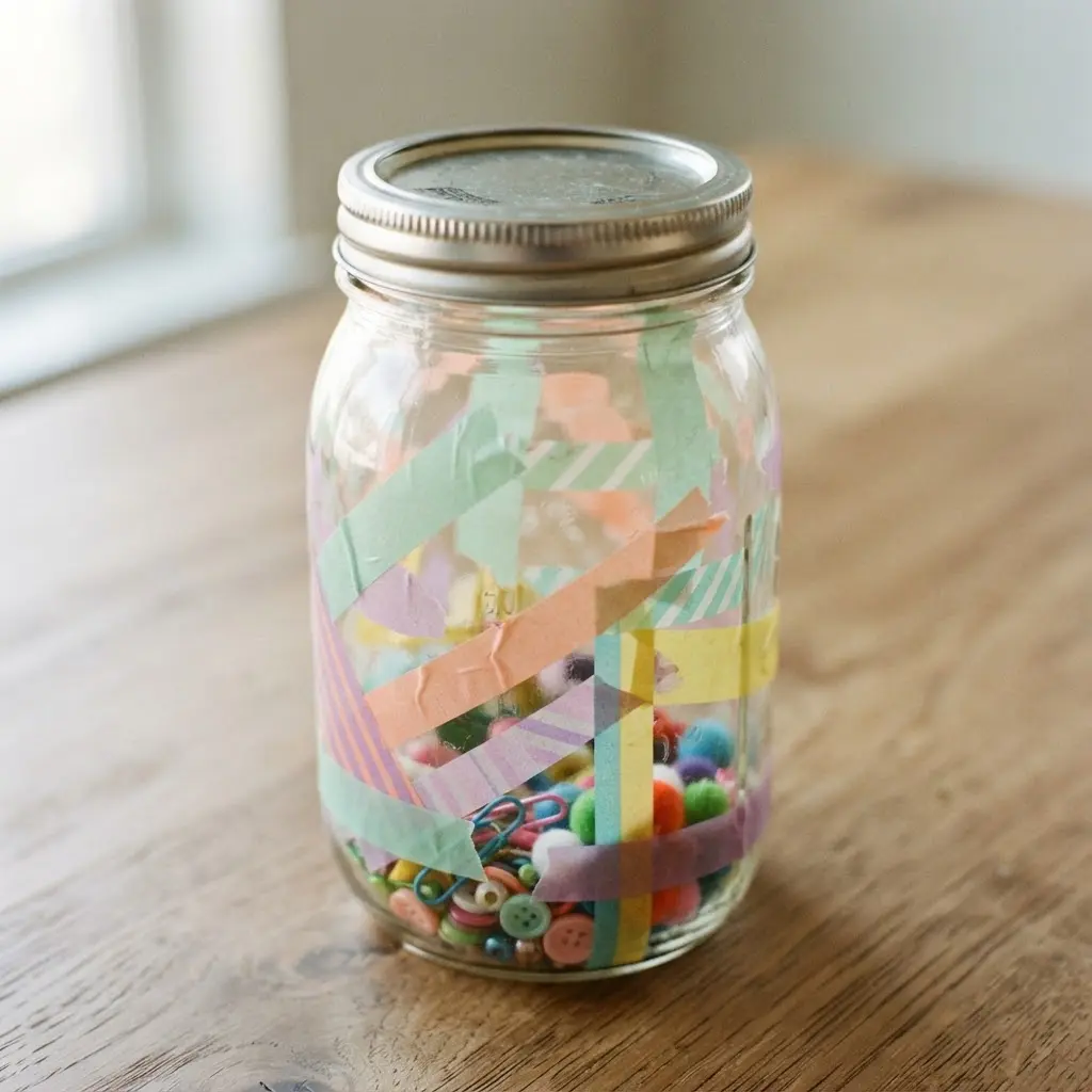 Simple glass jars become personalized organizers with easy-to-apply washi tape designs.