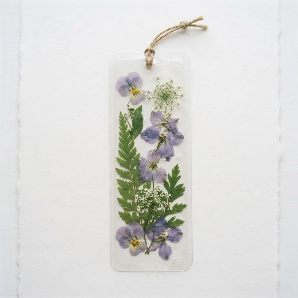 A beautiful bookmark preserves delicate pressed flowers under a clear laminate sheet.