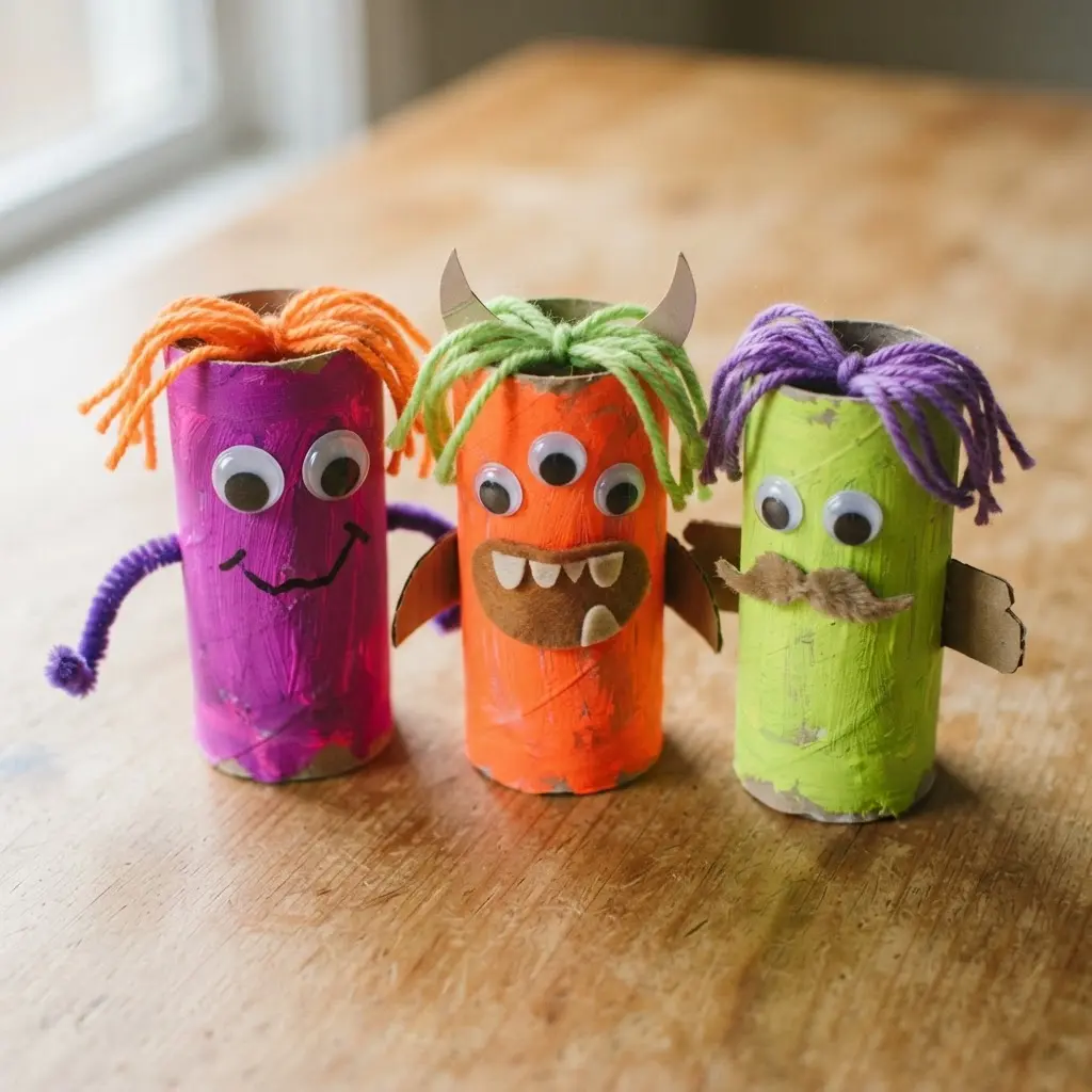 A collection of playful monster characters crafted from painted cardboard tubes with yarn hair.