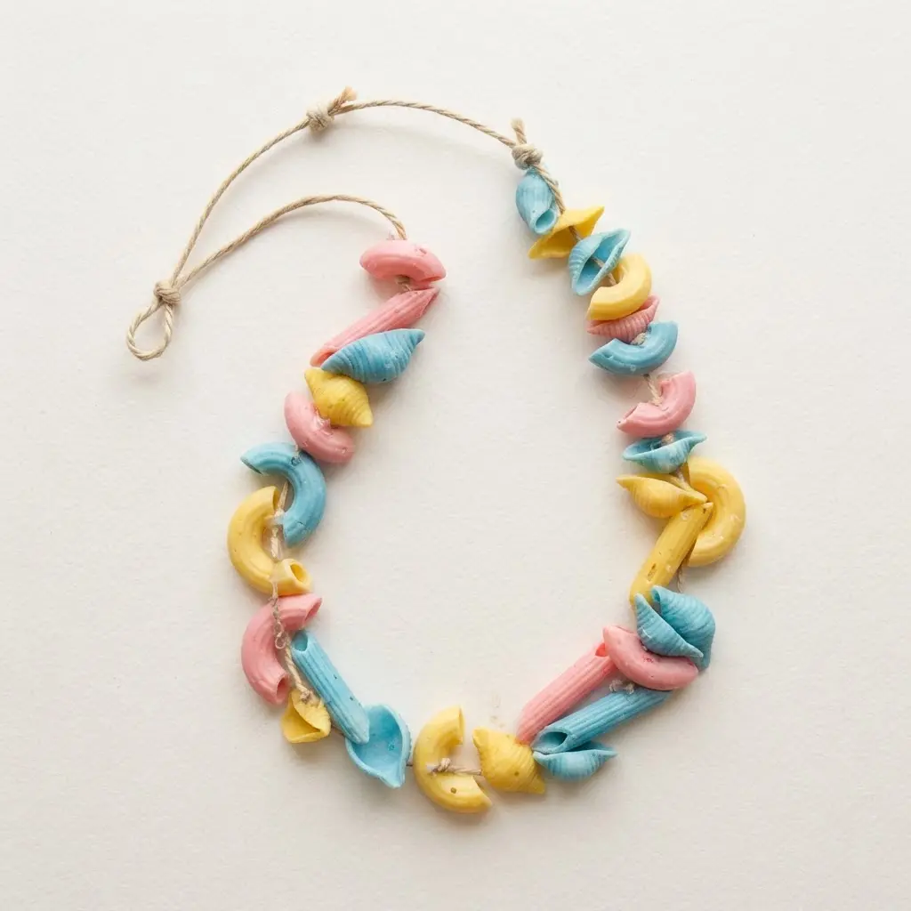 A child proudly wears a necklace made from brightly colored dyed pasta beads.