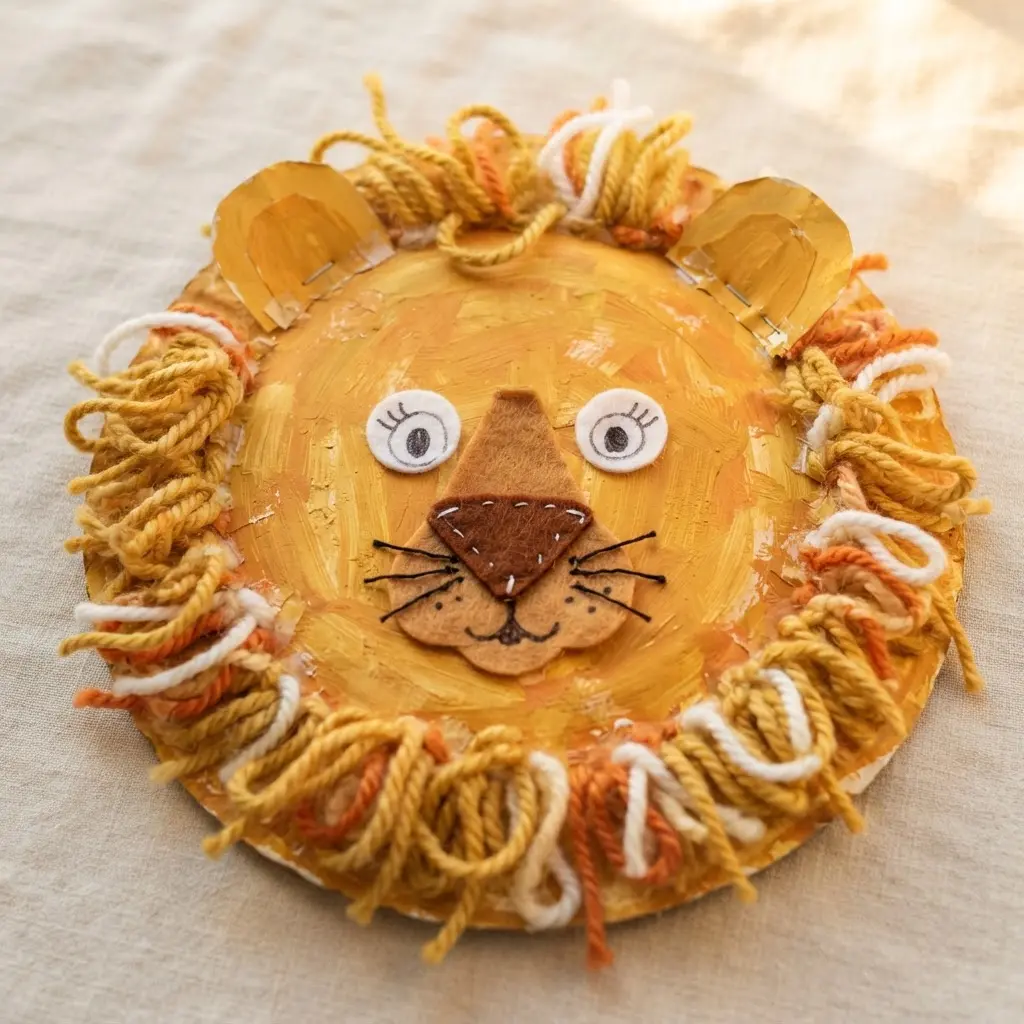 A simple lion mask crafted from a paper plate, paint, and yarn makes a fun family day craft for kids.