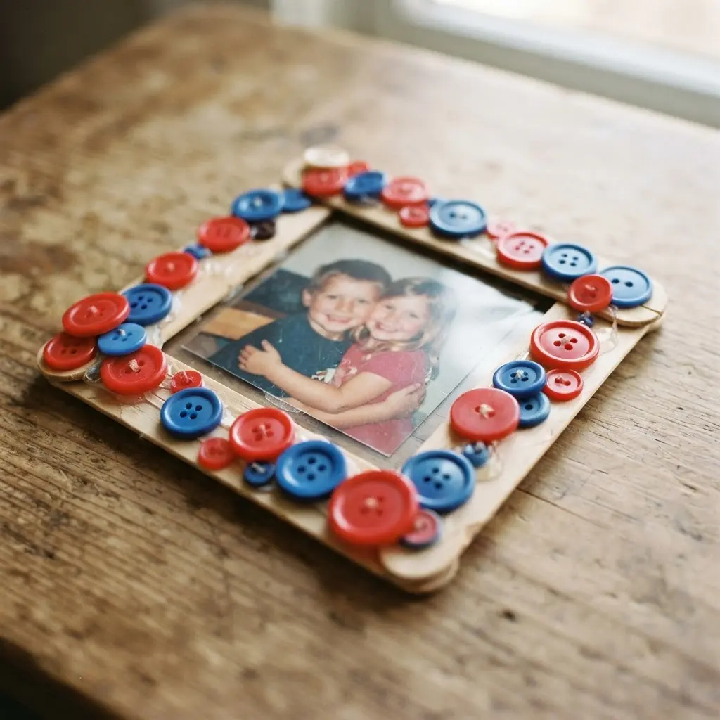 A handmade picture frame constructed from popsicle sticks and adorned with an assortment of buttons.