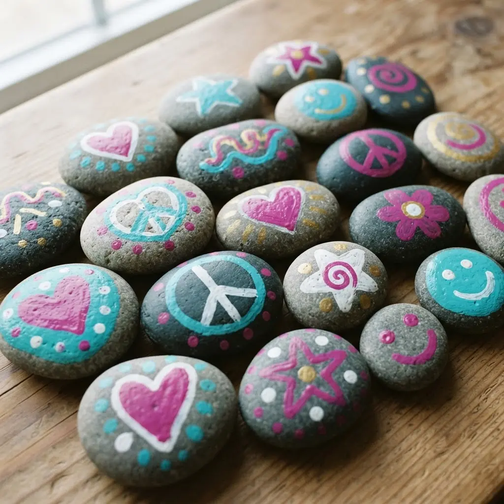 Painted rocks with cheerful messages and simple designs, ideal family day crafts for kids to share.