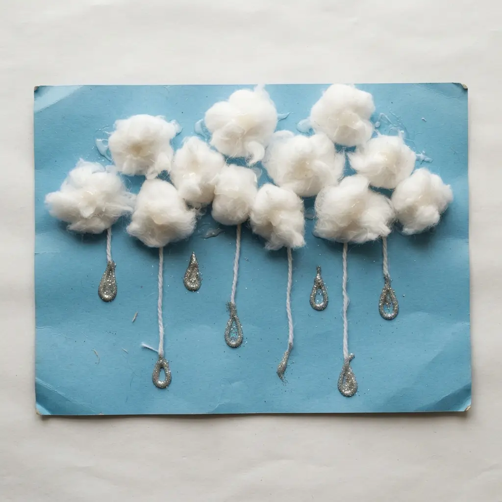 A simple sky scene made with blue paper, cotton ball clouds, and sparkling glitter.