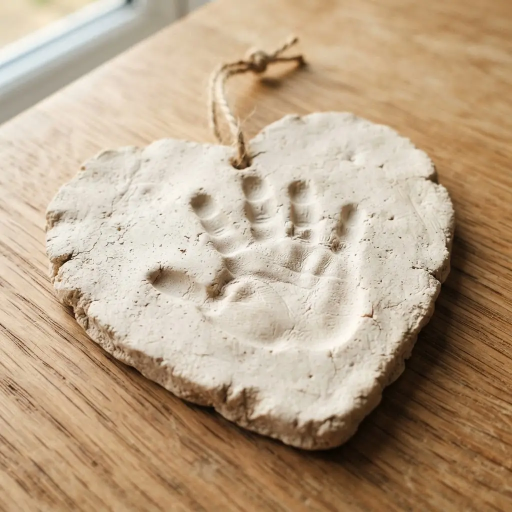 A baked salt dough heart preserves a small handprint as a lasting keepsake.