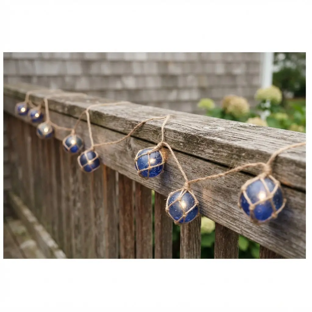 Weathered blue glass floats strung on a wire with glowing bulbs along a wooden patio railing.