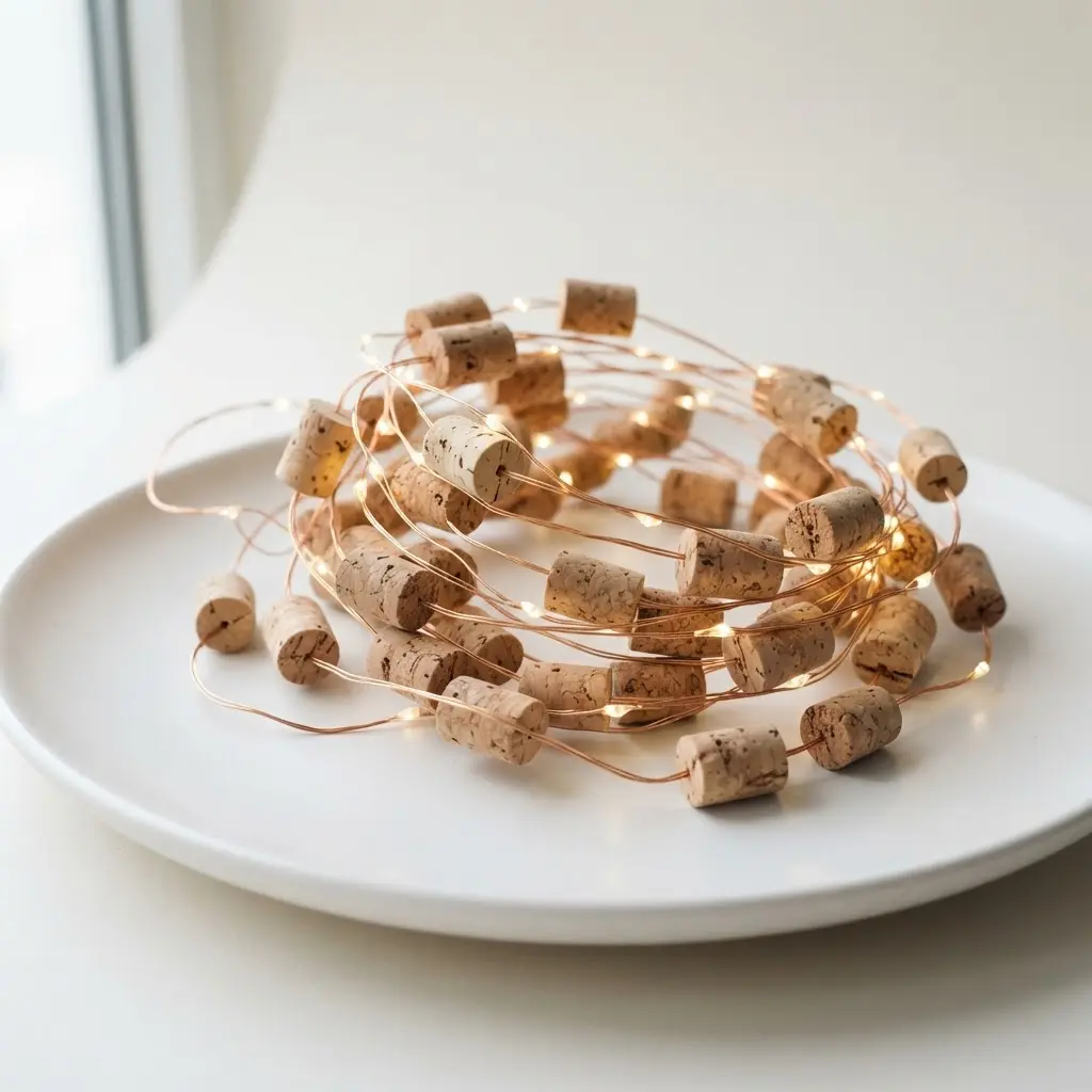 Miniature natural cork floats threaded onto a thin wire fairy light strand, perfect for small spaces.
