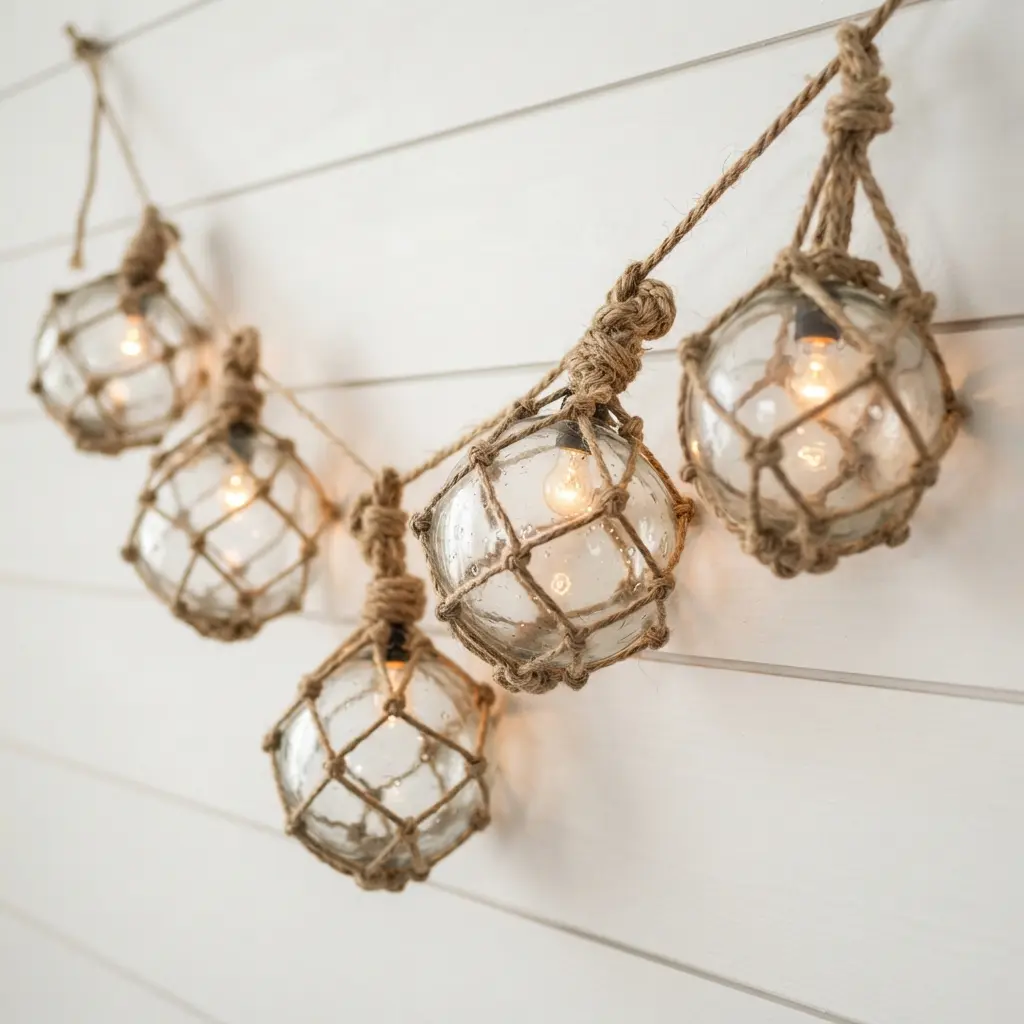 Clear glass floats encased in a rustic fishing net wrap, suspended along a lighted cord against a shiplap wall.