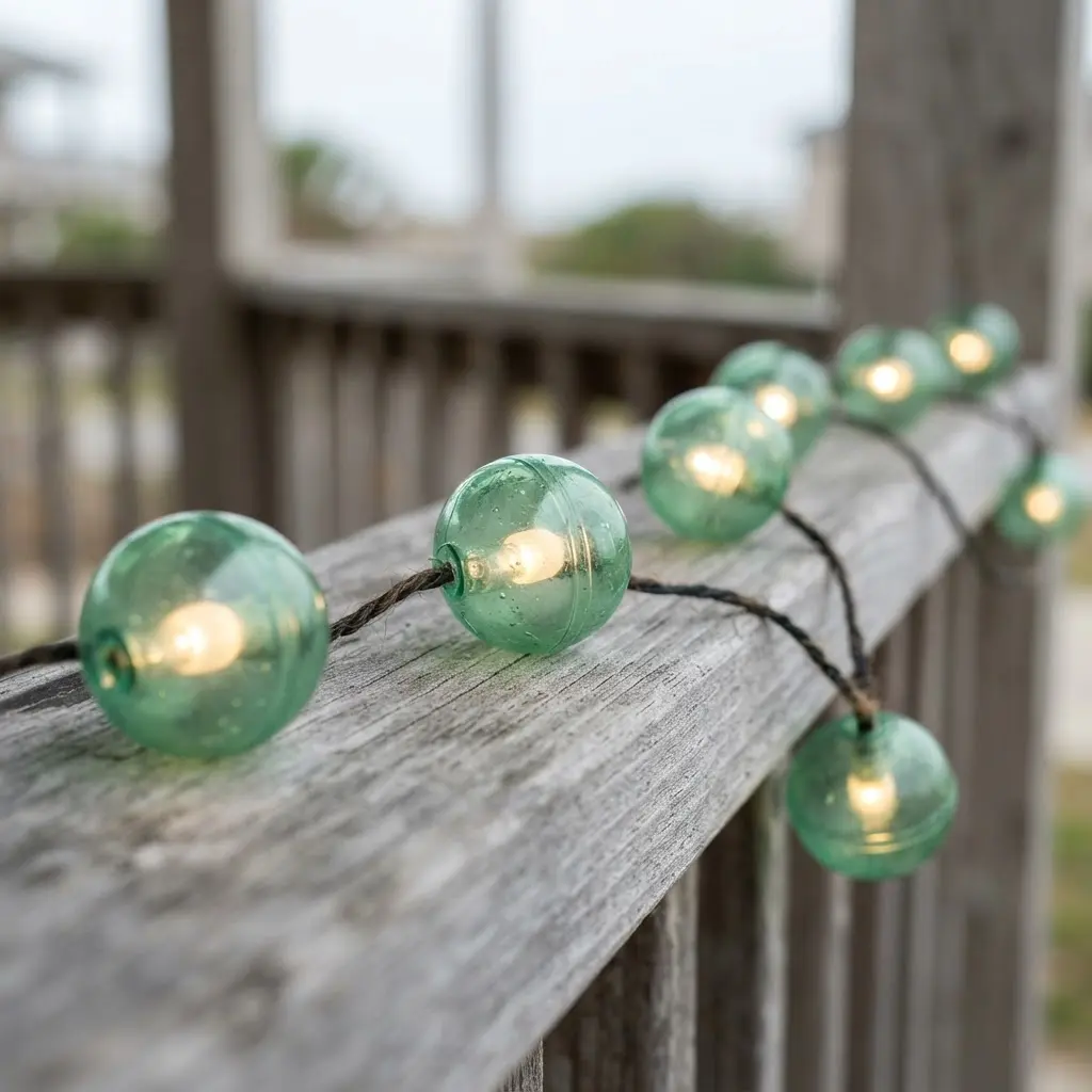 Translucent green plastic fishing floats with internal lights creating a soft ambient glow on a porch.