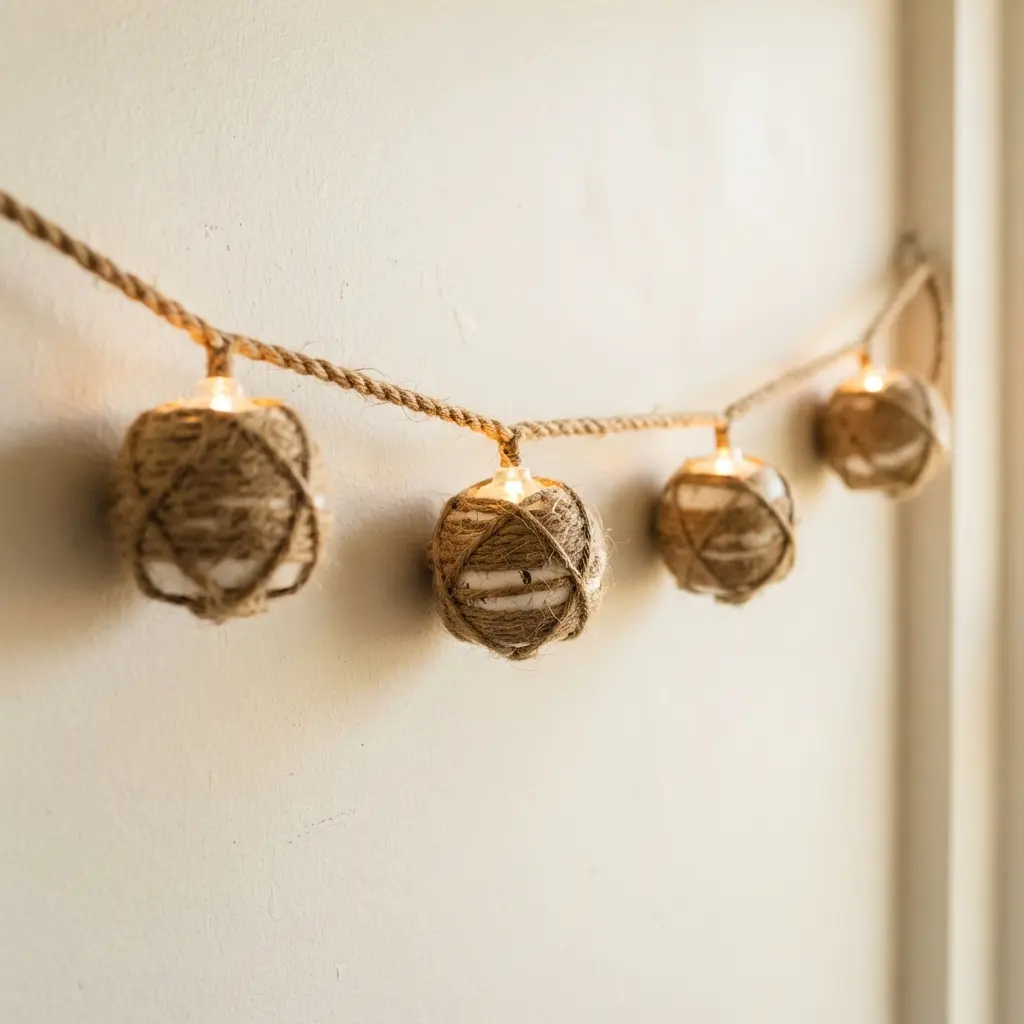 A row of white buoys tightly wrapped in natural jute rope, interspersed with warm white bulbs.