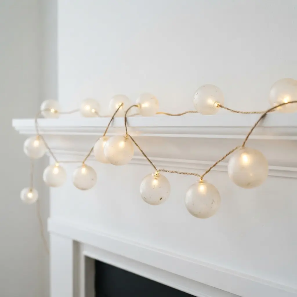 Soft white frosted fishing floats glowing gently on a string light draped over a fireplace mantle.