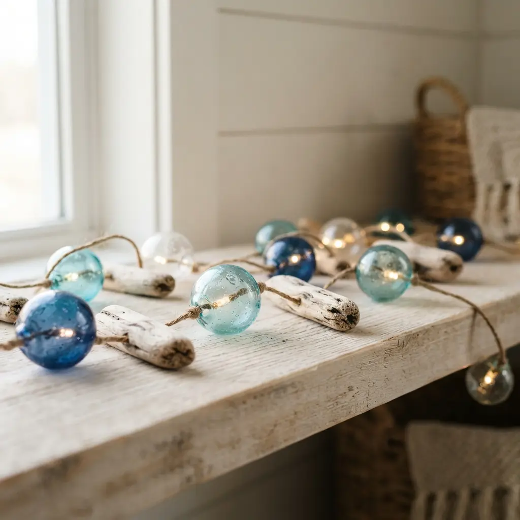 Blue and clear glass floats alternating with small pieces of bleached driftwood on a string of lights.