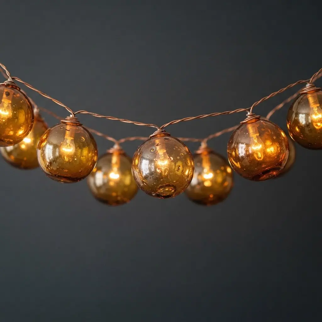 Warm amber glass fishing floats glowing like old lanterns on a copper wire string light.