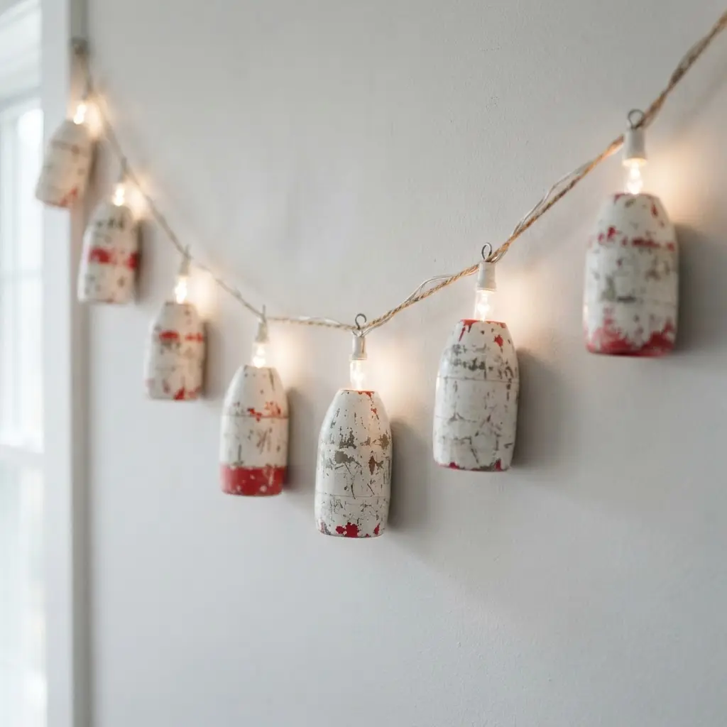 A string of plastic fishing buoys with a chipped white washed paint finish and visible light bulbs.
