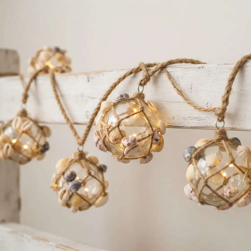 Clear glass floats with small seashells and starfish glued to their surface, strung on a lighted cord.