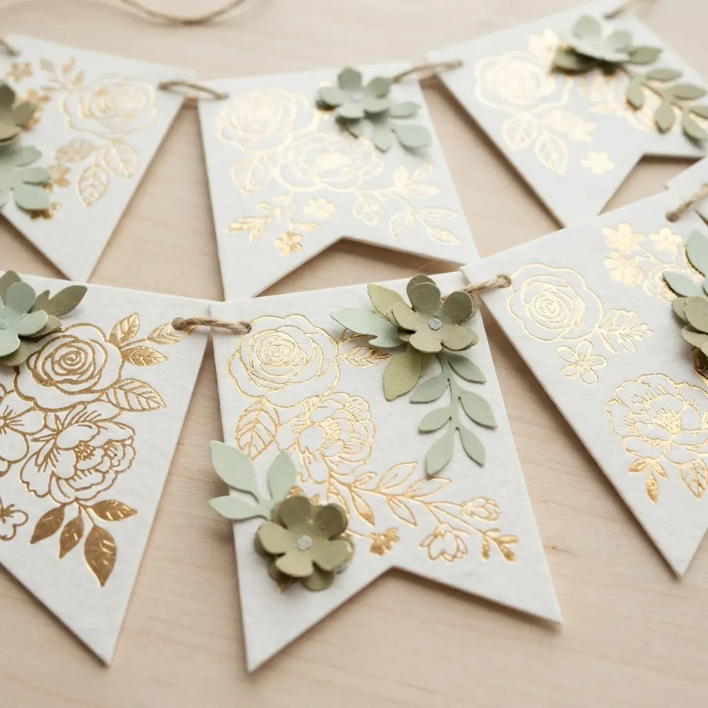A white cardstock birthday banner with elegant gold foil script and small pink paper roses attached.