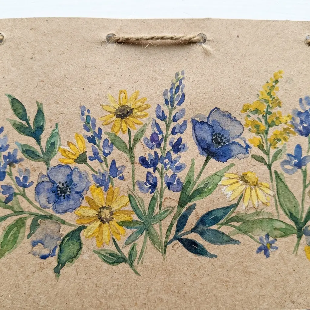 Natural kraft paper banner flags with loose, hand-painted watercolor illustrations of daisies and wildflowers around the text.