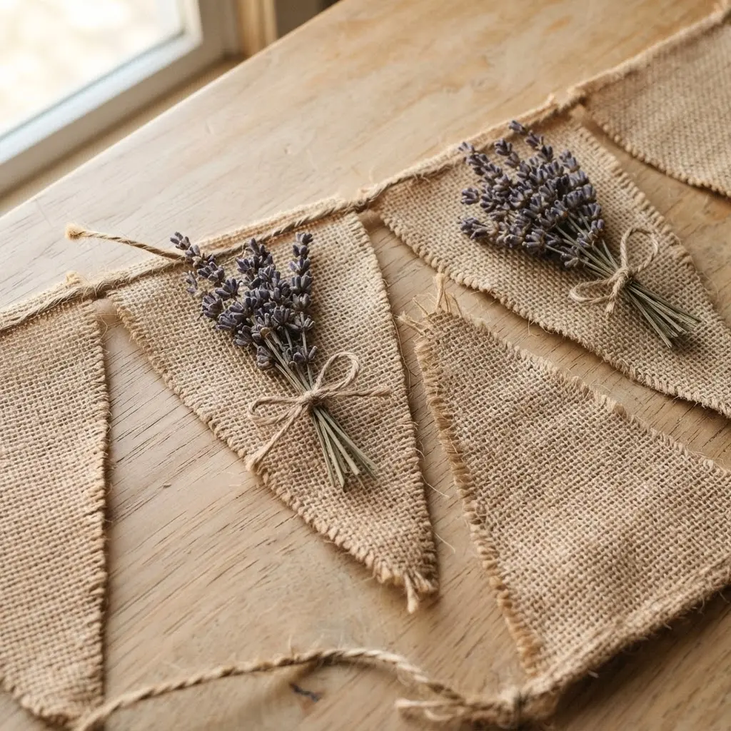 Natural burlap triangle pennants strung on twine with bundles of dried lavender tied below each letter.