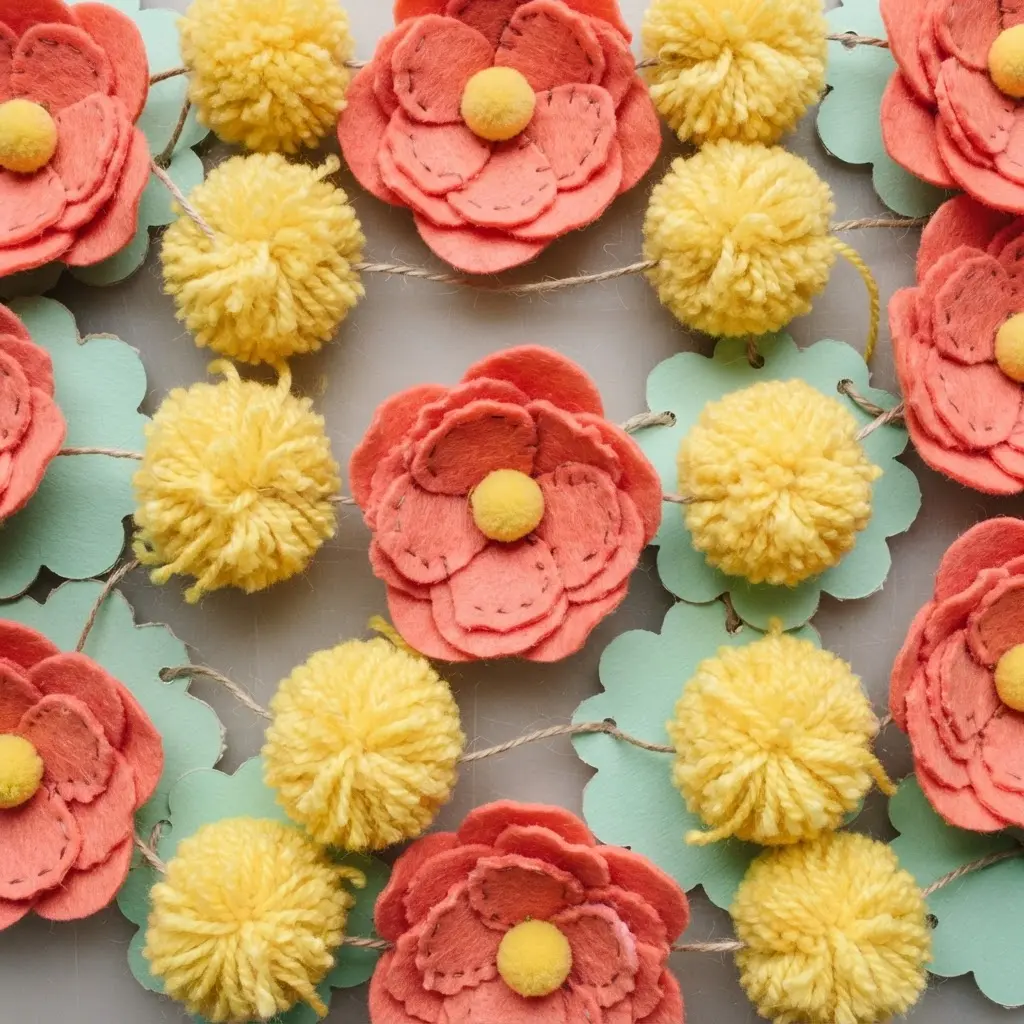 A vibrant banner featuring handmade felt flowers in various colors interspersed with small, fluffy yarn pom-poms.