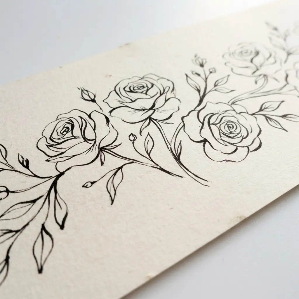 A minimalist white banner with black line-drawn roses placed beside each bold, sans-serif letter.
