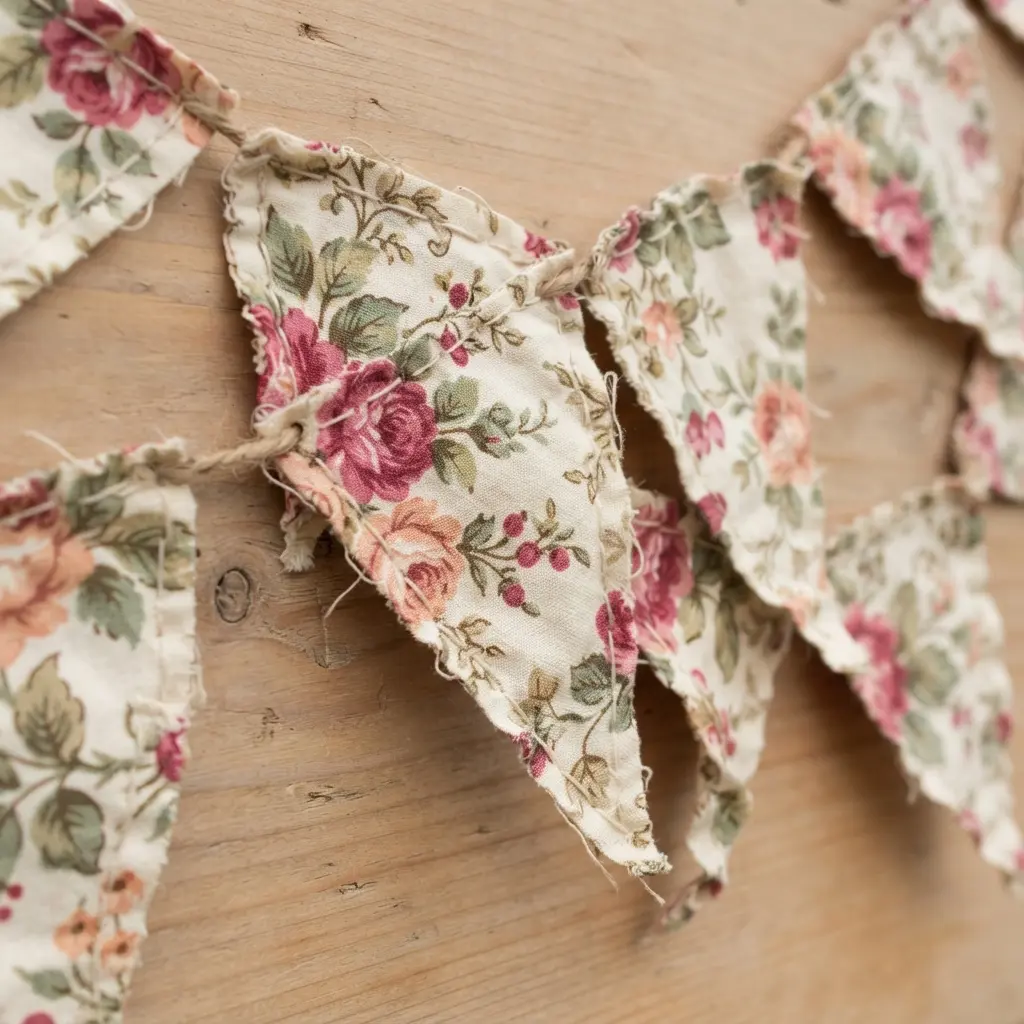 A patchwork banner made from assorted vintage chintz fabric triangles, each featuring different small floral patterns.