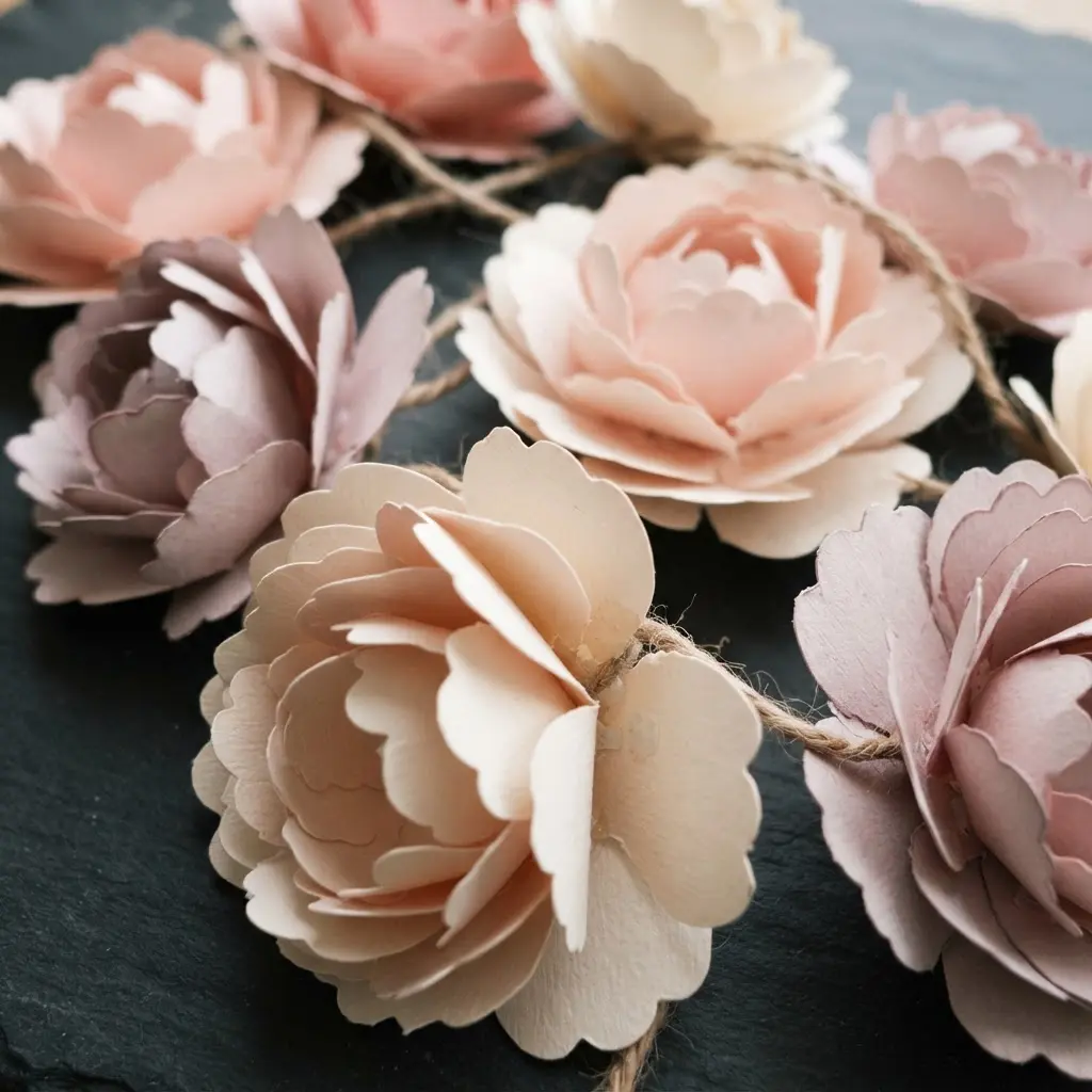 A banner with large, three-dimensional paper peonies in shades of pink and cream layered above each cardstock letter.