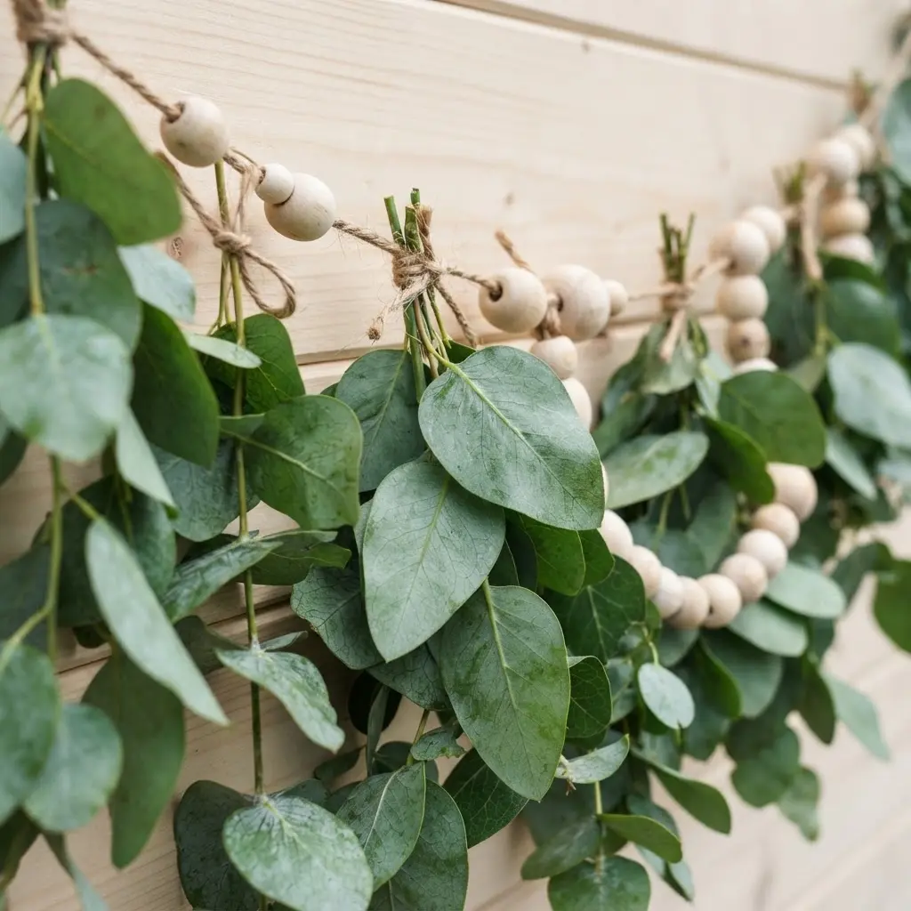 Dried eucalyptus springs and small white flowers tied with natural jute twine between simple wooden letter beads.