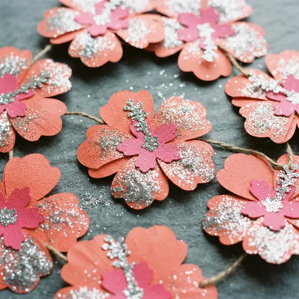 Vibrant orange and pink paper hibiscus flowers adorn a banner with large, glitter-covered cardstock letters.