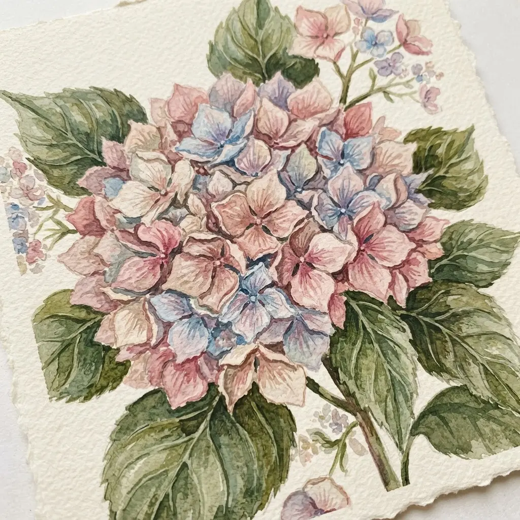 Soft blush pink and cream satin ribbons form the base, with small clusters of faux hydrangea blooms attached at intervals.