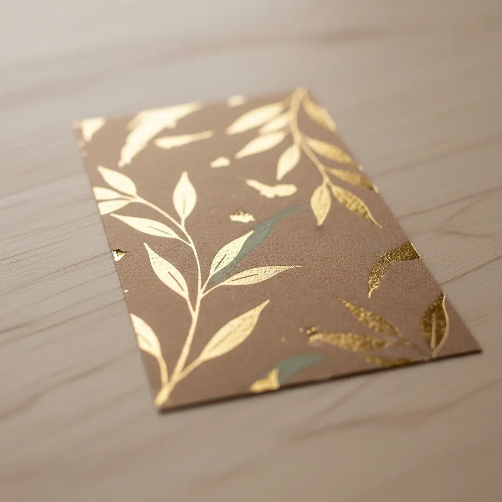 A cardstock gift tag featuring gold foil hand-lettered calligraphy and delicate leaf designs on a kraft paper background.