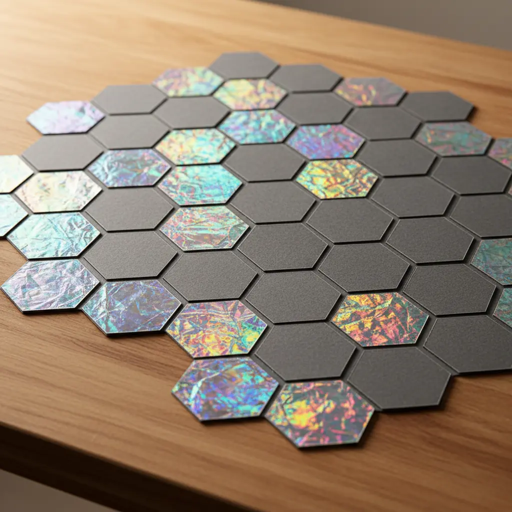 A hexagonal wall art piece covered in iridescent holographic foil, arranged in a geometric honeycomb pattern on a white wall.