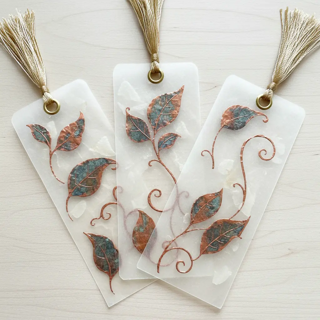 A set of three translucent vellum bookmarks with copper foil pressed floral patterns and silk tassels, lying on an open book.