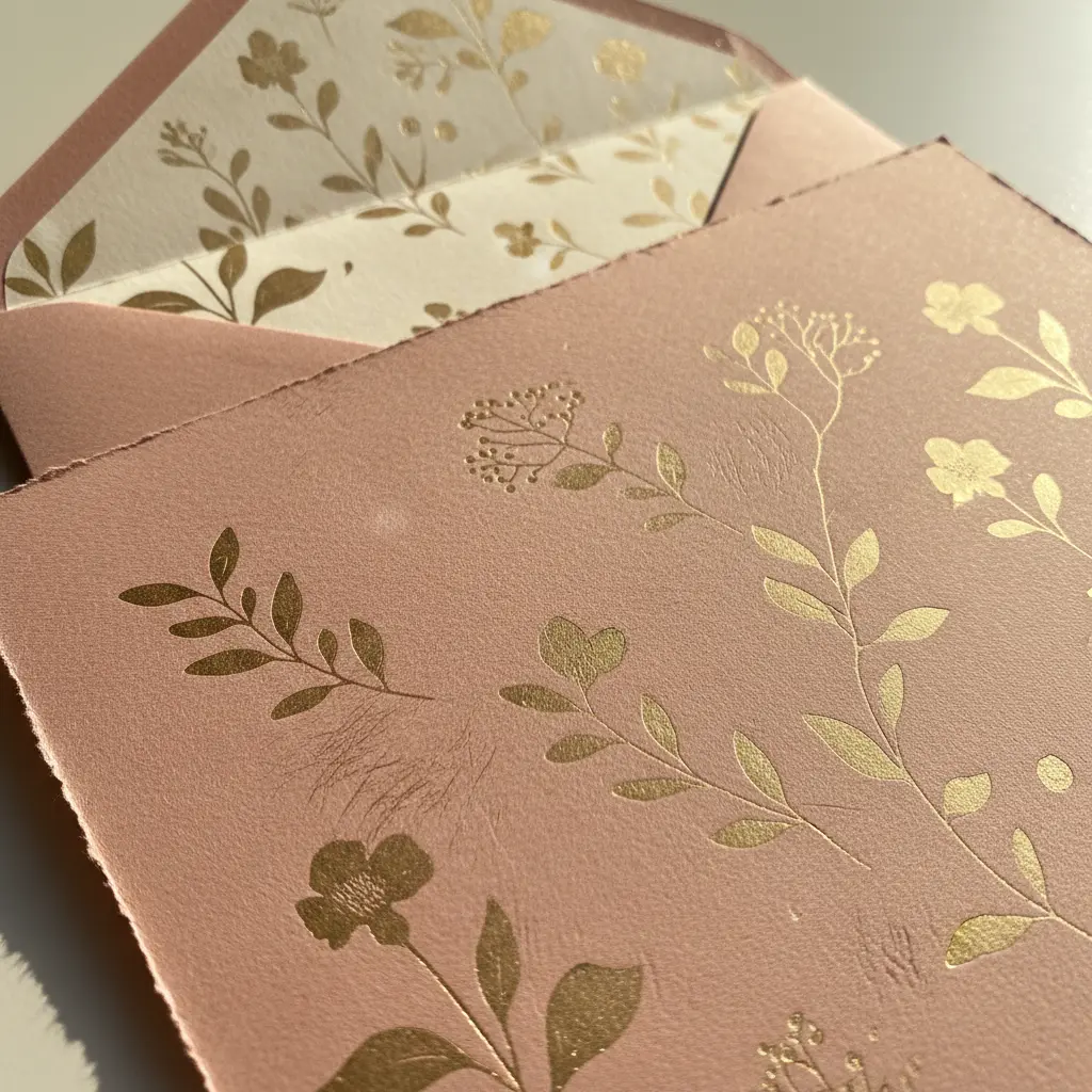 A sheet of floral stationery paper featuring pink peonies with gold heat-reactive foil accents and matching lined envelopes.