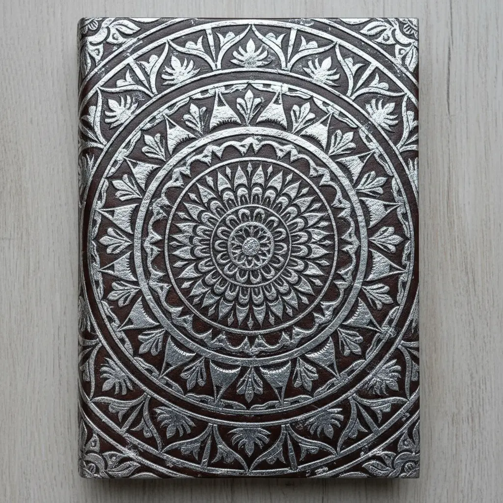A brown leather journal with a debossed mandala design filled with shiny silver foil, reflecting light.
