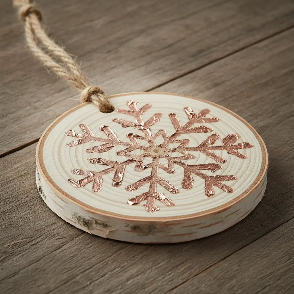A round wood slice ornament with a rose gold foil stamped snowflake design and a jute hanging cord.