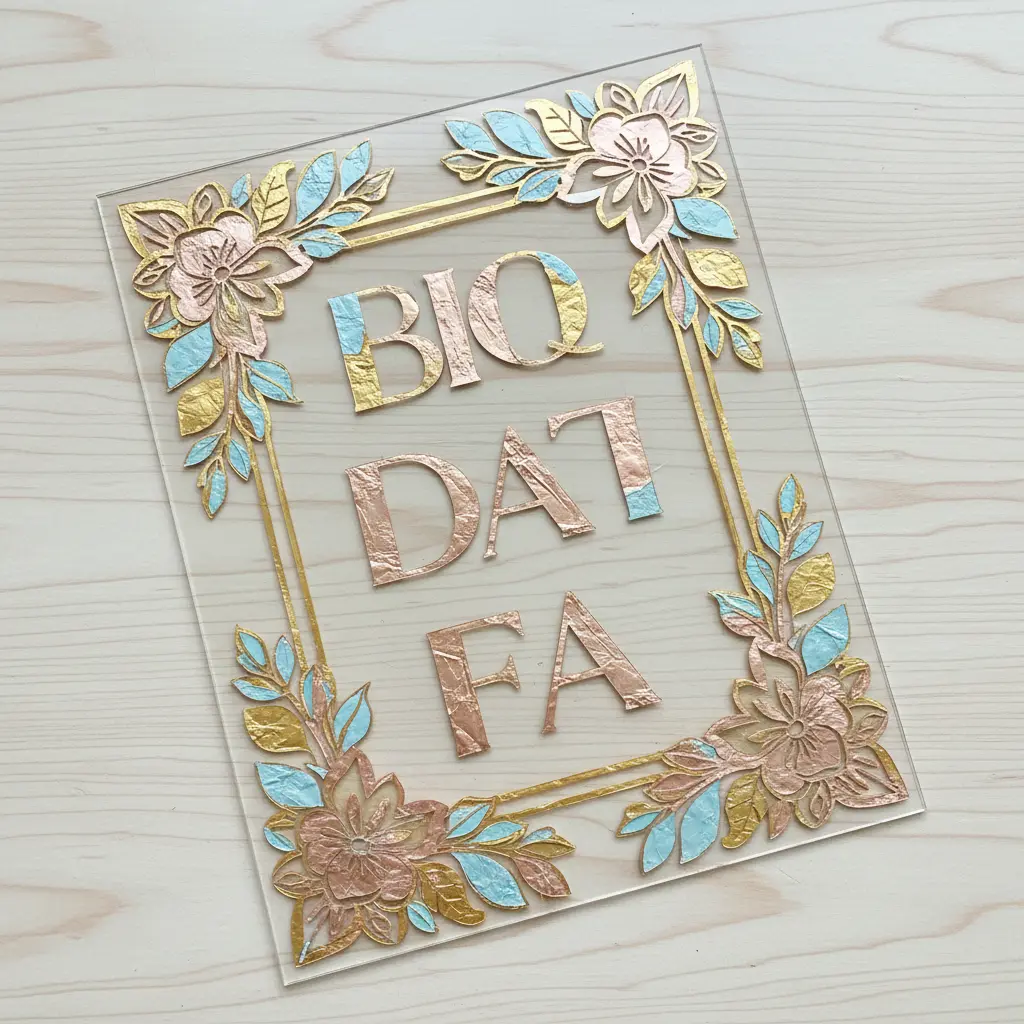 A clear acrylic wedding welcome sign with mixed gold, pink, and blue foil lettering standing on an easel.