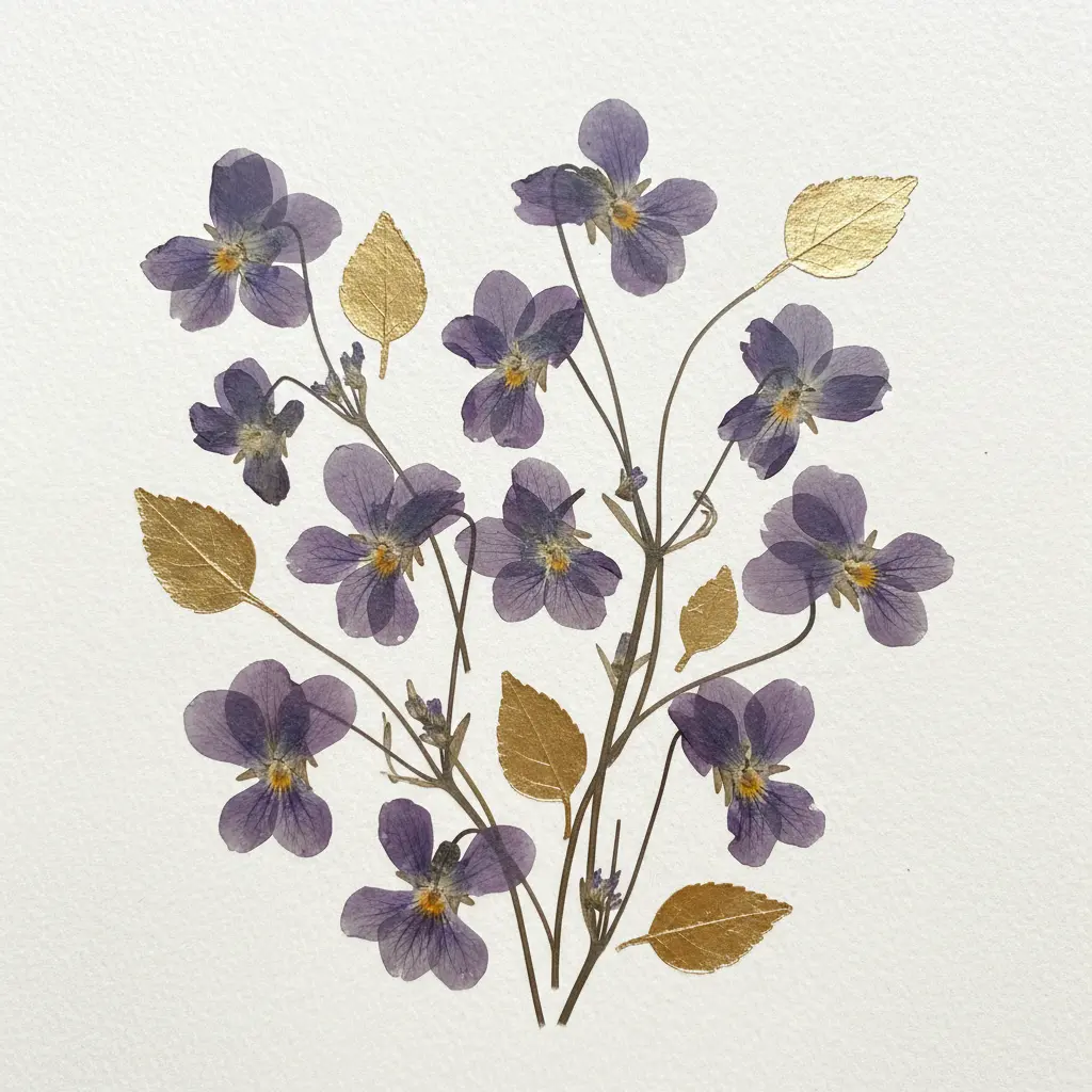 A framed botanical art piece with dried purple flowers and gold metallic foil leaves on a cream paper background.