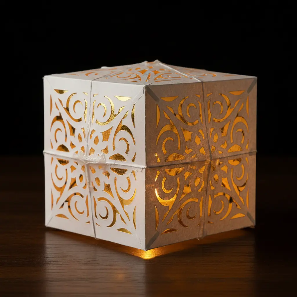 A delicate white paper lantern with intricate gold foil die-cut patterns, glowing warmly in a dim room.