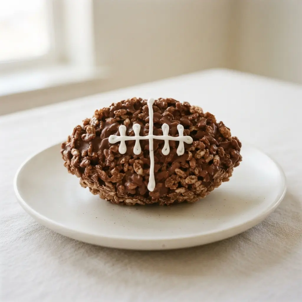 A smooth, brown oval Rice Krispie treat with white chocolate laces on a game day tablecloth.